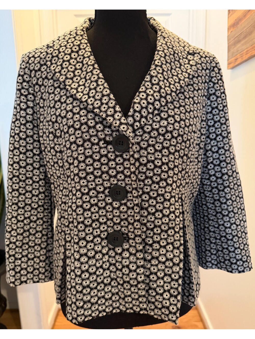 Ann Taylor Blazer Jacket Womens 8 Black White Daisy Embroidered Cotton Silk Blen